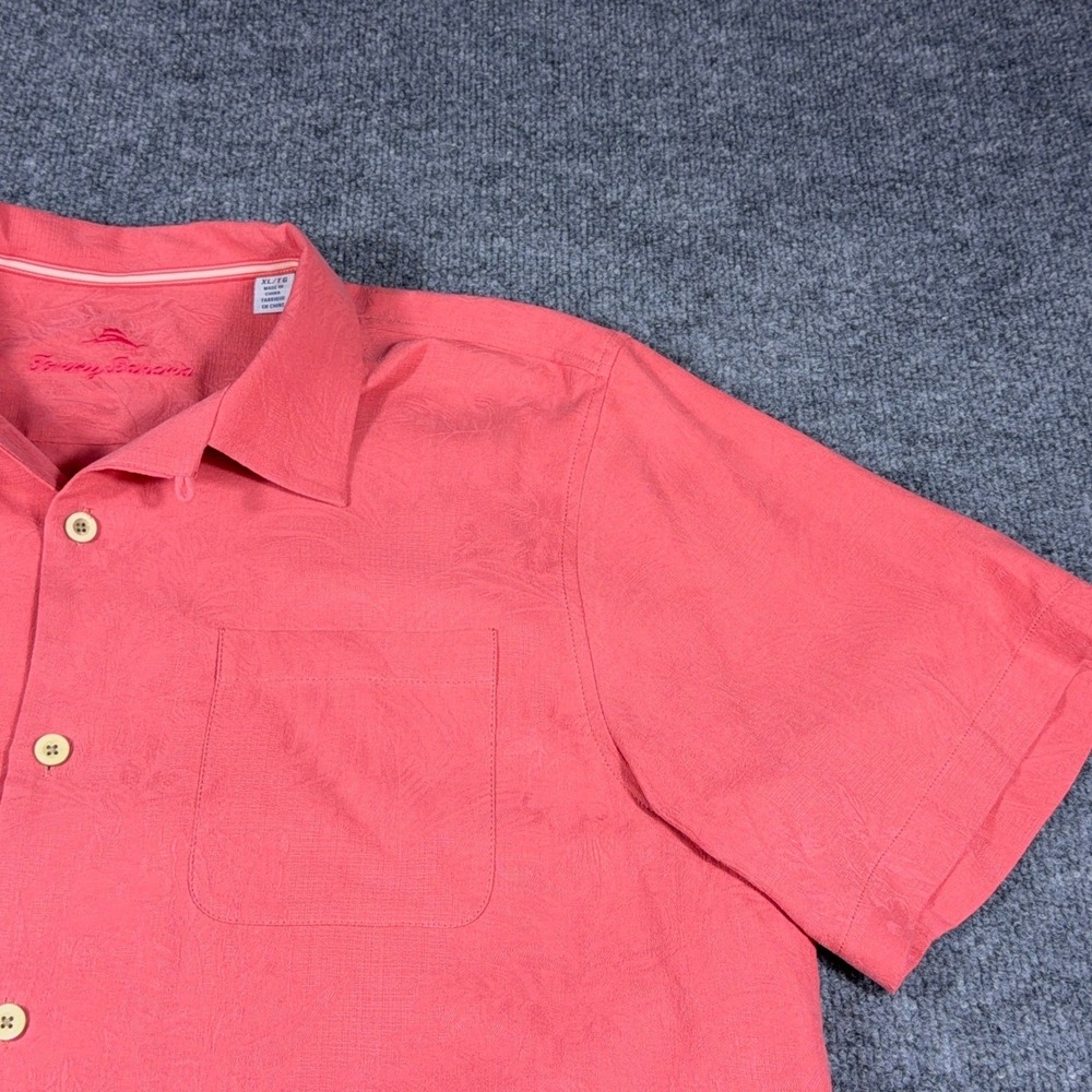 Tommy Bahama Mens XL Silk Short Sleeve Button Up Shirt Coral Pink Palm Jacquard
